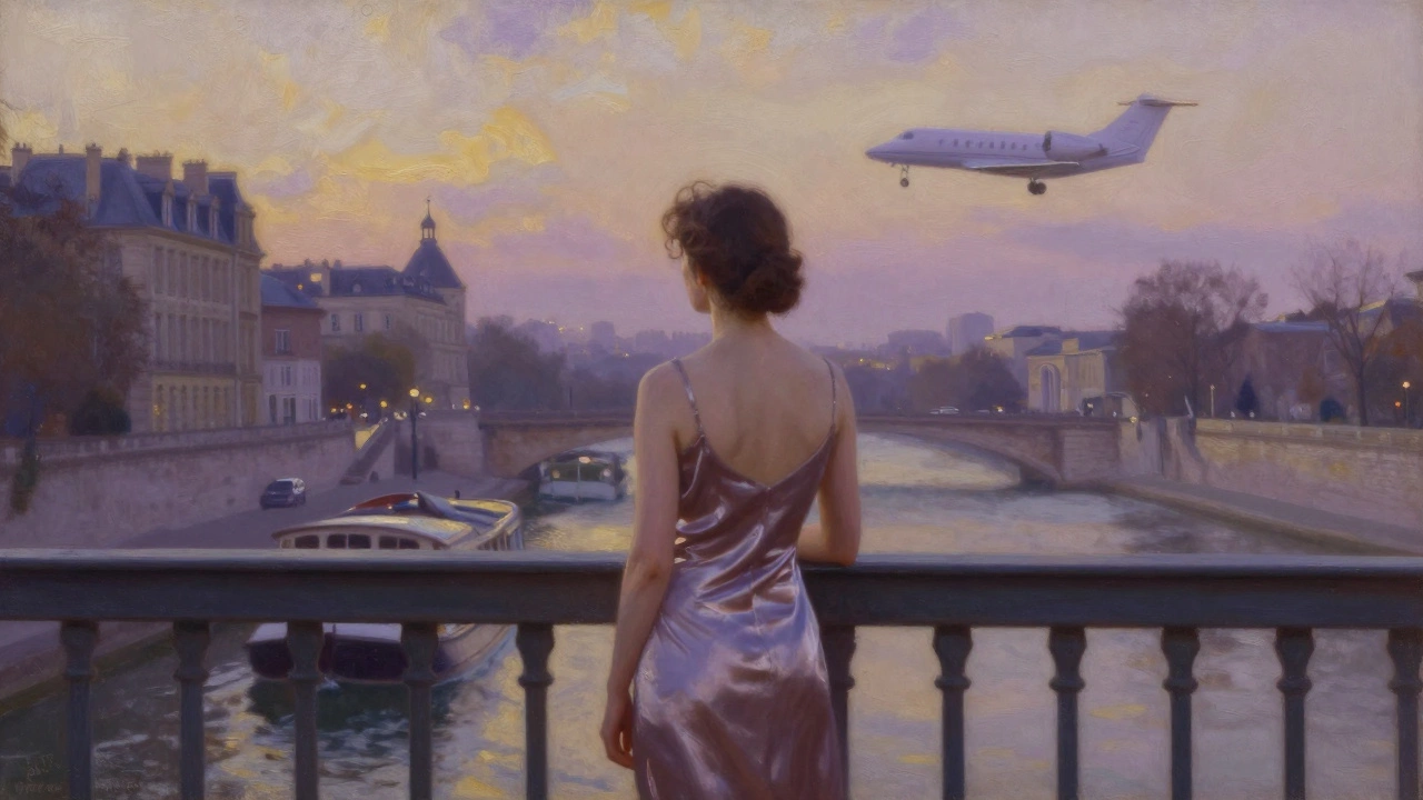 A woman in silk stands on a Parisian bridge at dusk, watching boats pass beneath her as a jet flies overhead.