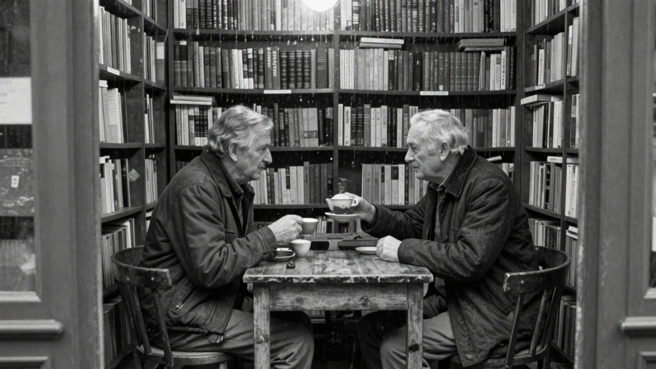An elderly bookseller offers tea to a visitor in a cozy, book-filled shop, rain falling softly outside the window.